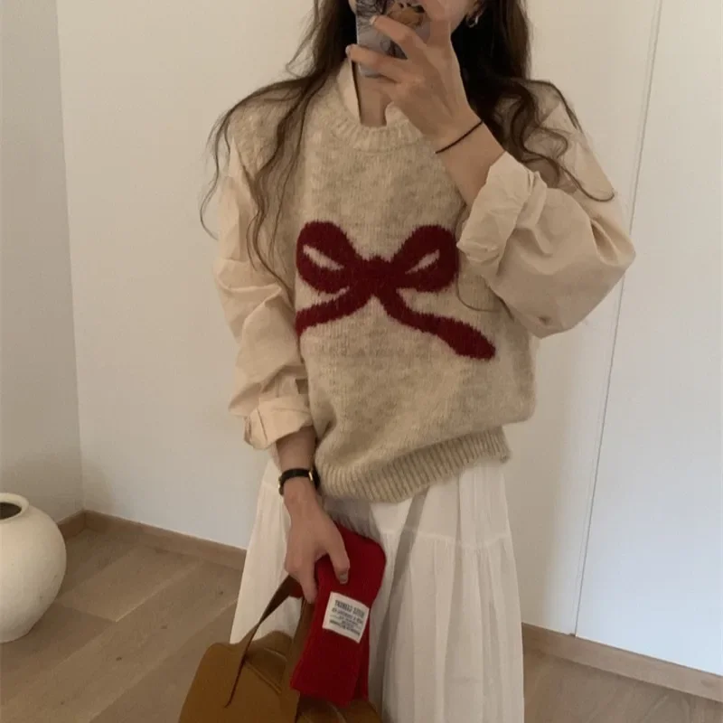 

Korean Vest for Women Bow Jacquard Sleeveless Undershirt Undershirt Girly Style Age-defying Outwear Sweater Tops