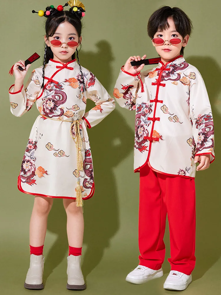 Girls Cheongsam Hanfu Costume Red White Print Tops Red Pants Skirt for Kids Boys Chinese Traditional Clothing