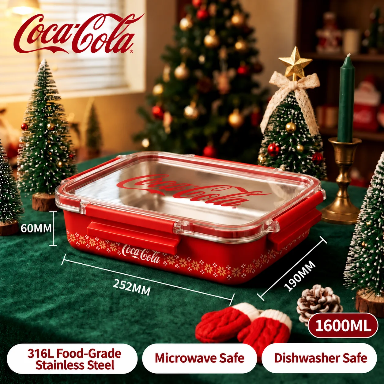 Coca Cola 304 roestvrijstalen lunchbox, lekvrij, makkelijk schoon te maken, draagbare bentobox voor kantoor, school, picknick, kamperen, kerstcadeaus