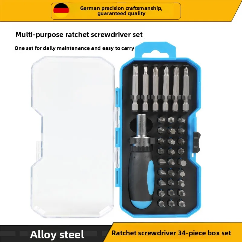 JUBOSHI 34-Piece Ratchet Precision Screwdriver Tool Set Plastic Handle Rust Prevention Finish DIY Blue Box Home Use Mobile Phone