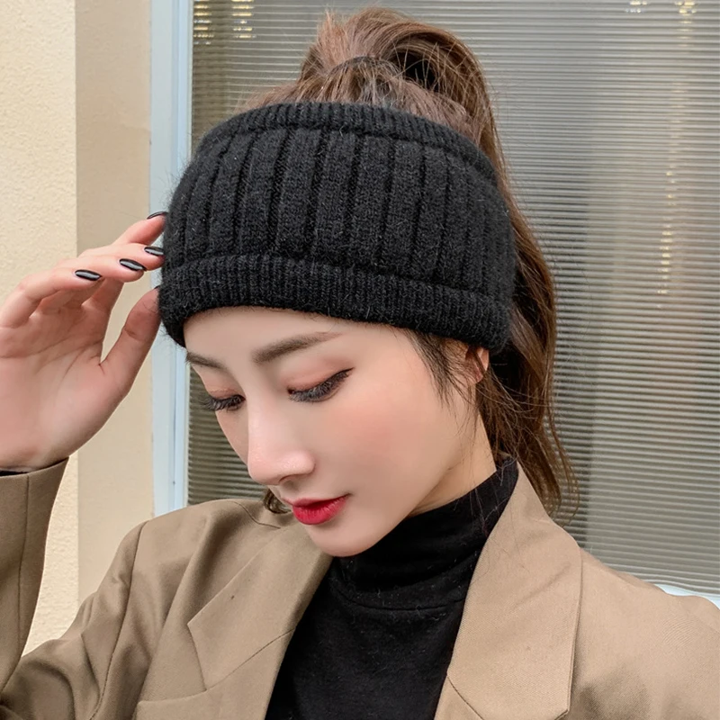 Autumn and Winter Knitted Woolen Hat Sports Wrap Hat Hollow Top Hat Ponytail Hat Soft Fabric Hairband Pullover Hat