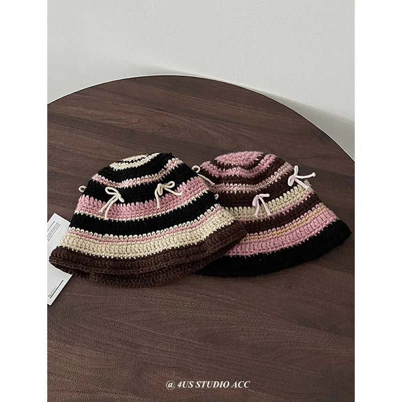

Japanese Style Sweet and Cute Hand Crocheting Knitted Fisherman Hat Women's Korean-Style Autumn and Winter Three-Dimensional Bow