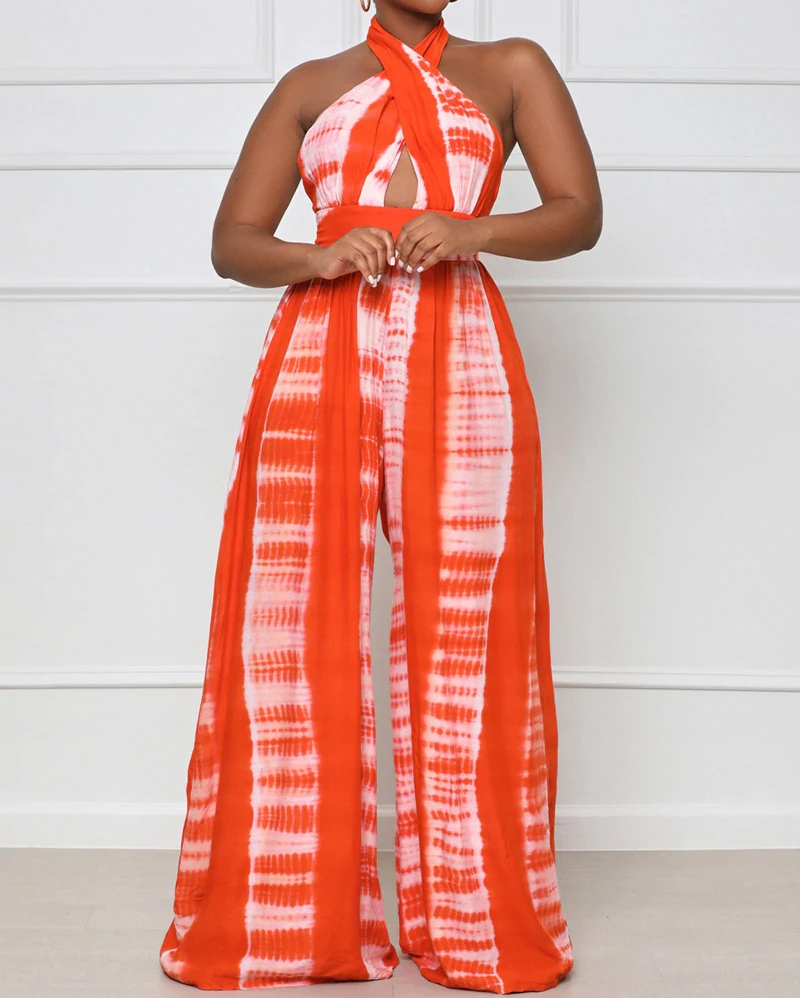 

Summer Casual Cross Strap Printed Jumpsuit Sleeveless Open Back Hollowed Out Women Street Fashion Jumpsuit