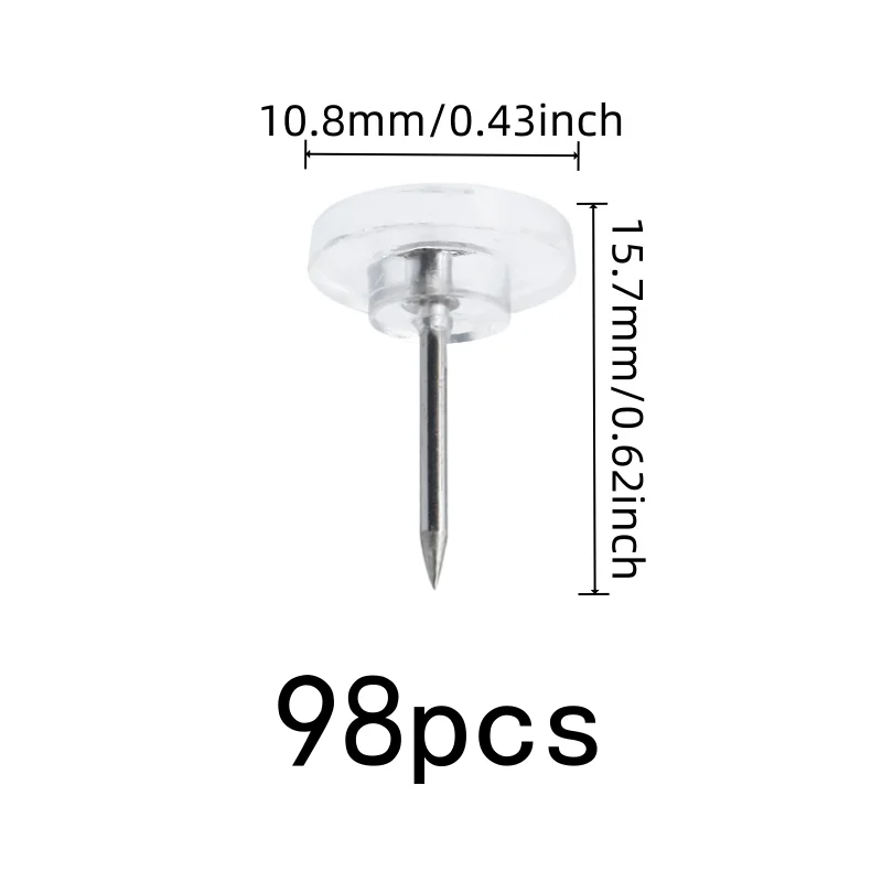 98 pcs Clear Flat Thumb Tacks, Photo Picture Pinning, Easy Push Sharp Pin, Transparent Flat Head, Multipurpose