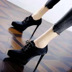 New Punk Women Ankle Boots Lace-Up Pointed Toe High Heel Black Chelsea Booties Pumps 12CM Stripper Shoes for Female