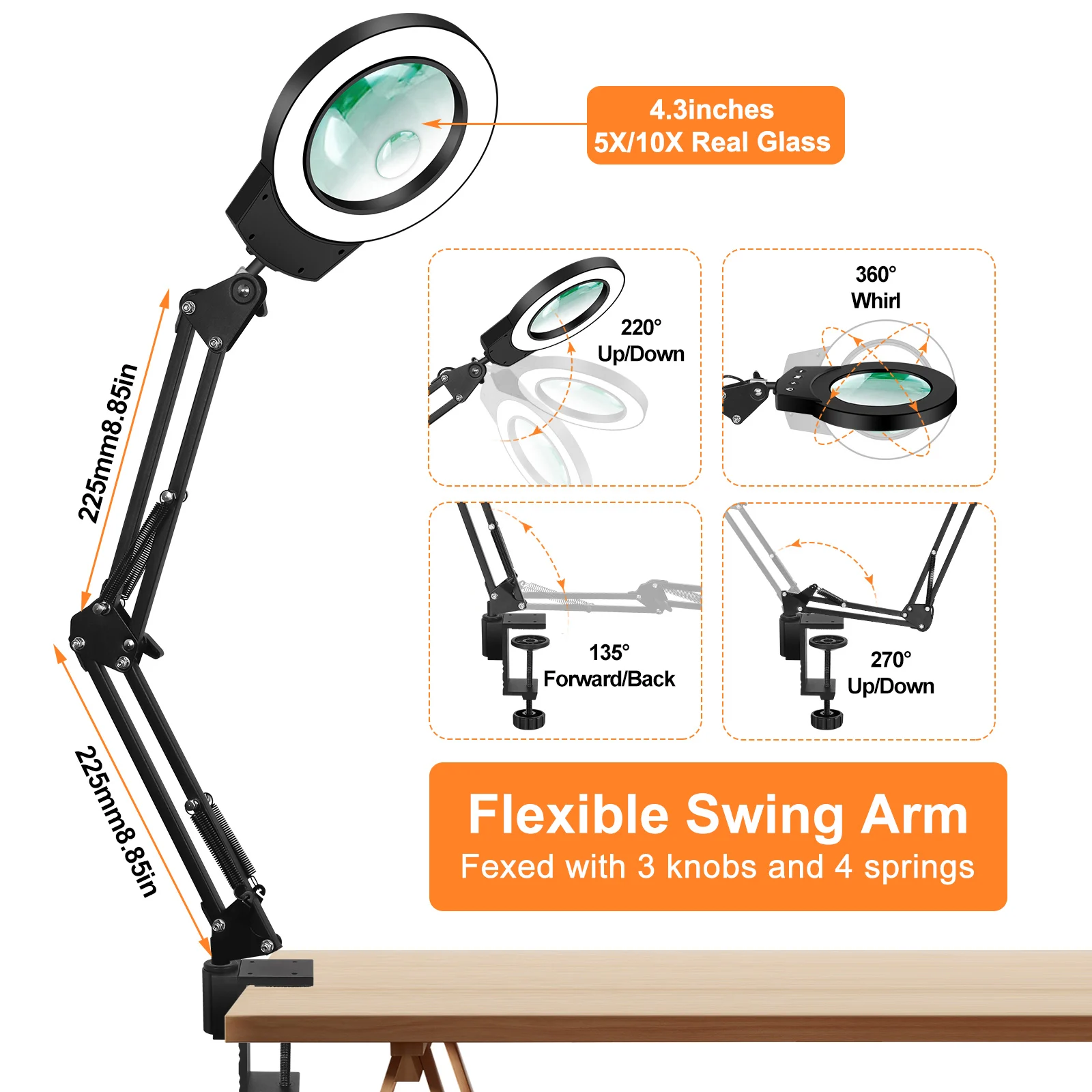 Toolour 5X&10X Magnifying Glass with Light and Clamp 5 Color Modes Stepless Dimmable Magnifying Lamp 108 LEDs Real Glass Lens