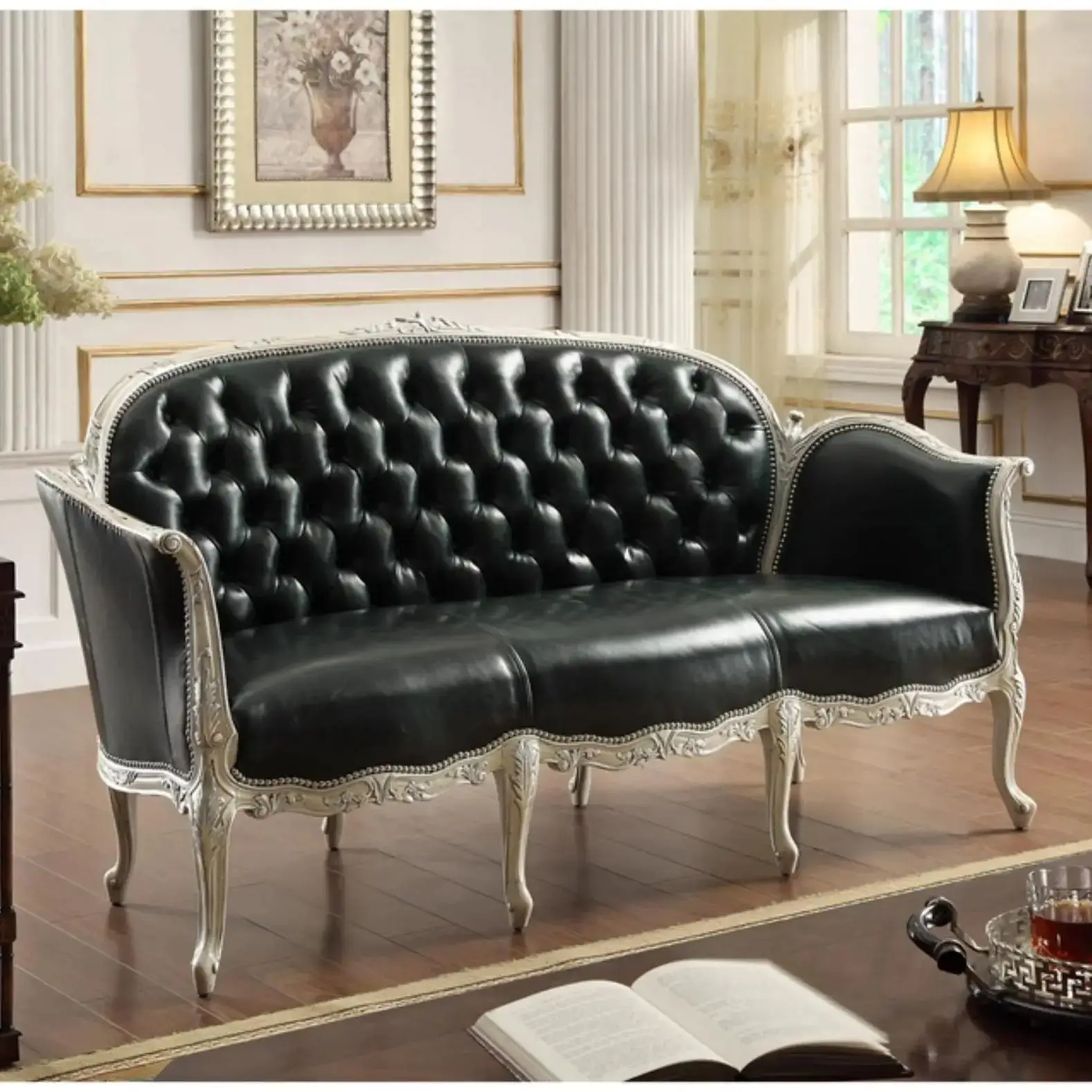 

Living room combination American country solid wood sofa chair carved leisure chair black leather buckle small sofa