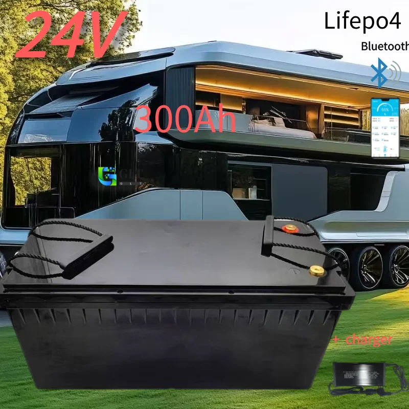 Waterproof 24V 300AH lifepo4 lithium Battery bluetooth APP BMS for 2400W Inverter Solar Systems golf cart + 20A Charger