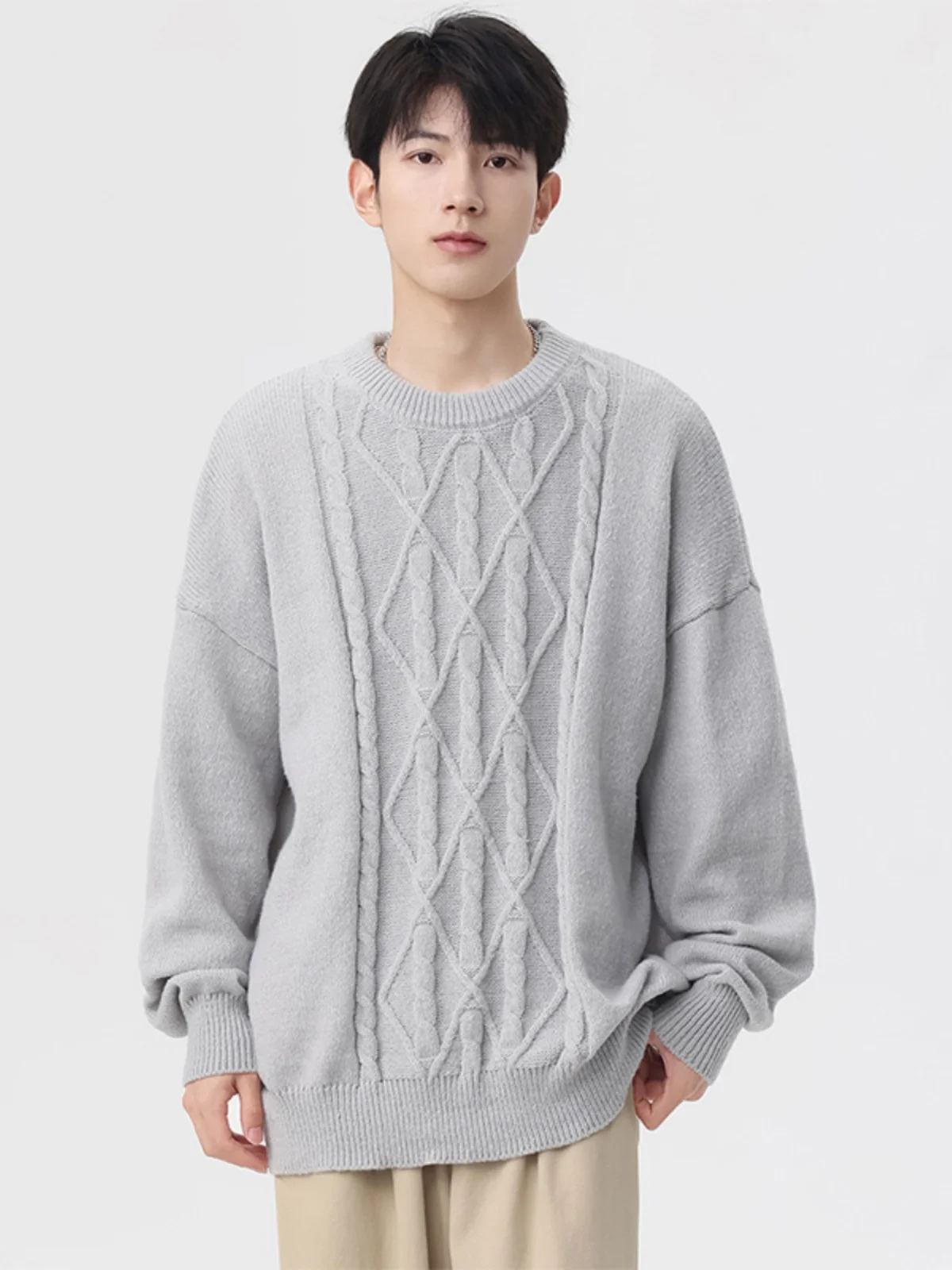 

Мужской свободный вязаный свитер с длинным рукавом, круглым вырезом, повседневный, с узором «косы», из полиэфирного волокна, осенне-зимний трикотаж, молодежный, энергичный стиль