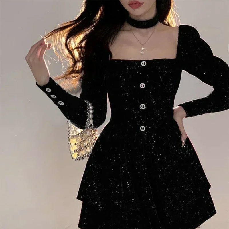 Autumn Winter Christmas Red Gold Elegant Velvet Dresses for Women Frent Vintage Mini Dress Korean Fashion Party Y2k Black Dress