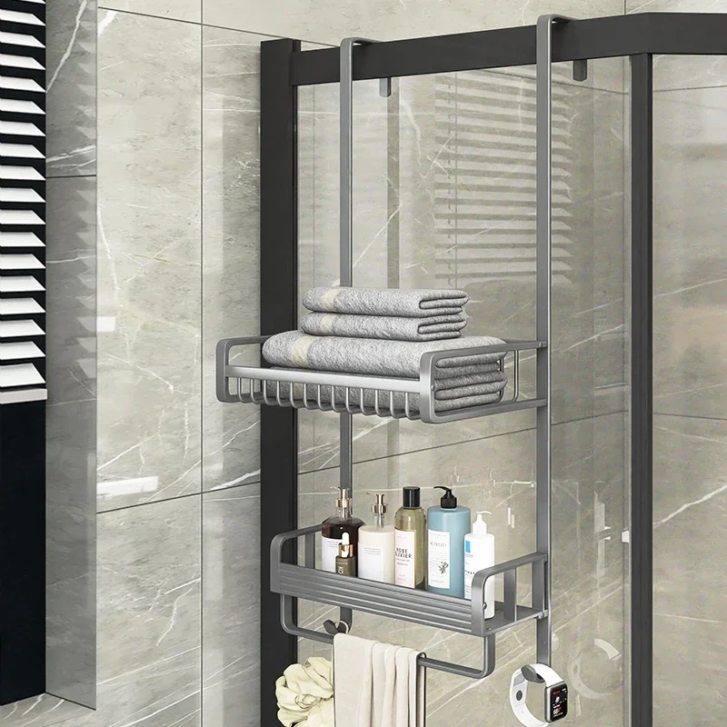 Simple Bathroom Storage Shelves Towel Rack Space Aluminum Shower Room Hanging Basket Hollow Drainage Organization Racks