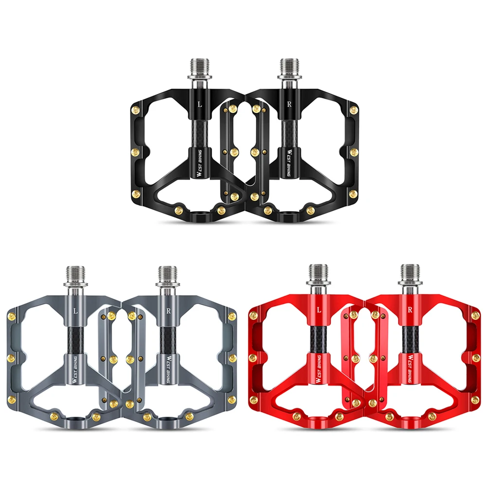 WEST BIKING Carbon Fiber Pedal 3 Bearing Aluminum Alloy Widen Mountain Bicycle Pedal Anti-skid Cycling Flat Platform