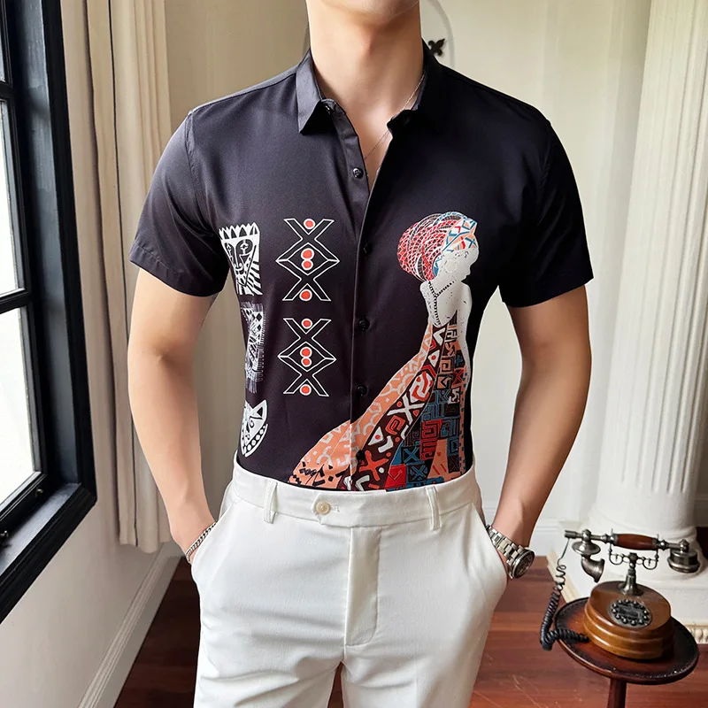Fashion Ethnic Style Printed Shirts for Men Summer Casual Short Sleeve Male Floral Shirt Retro Slim Fit Streetwear Plus Size 6XL