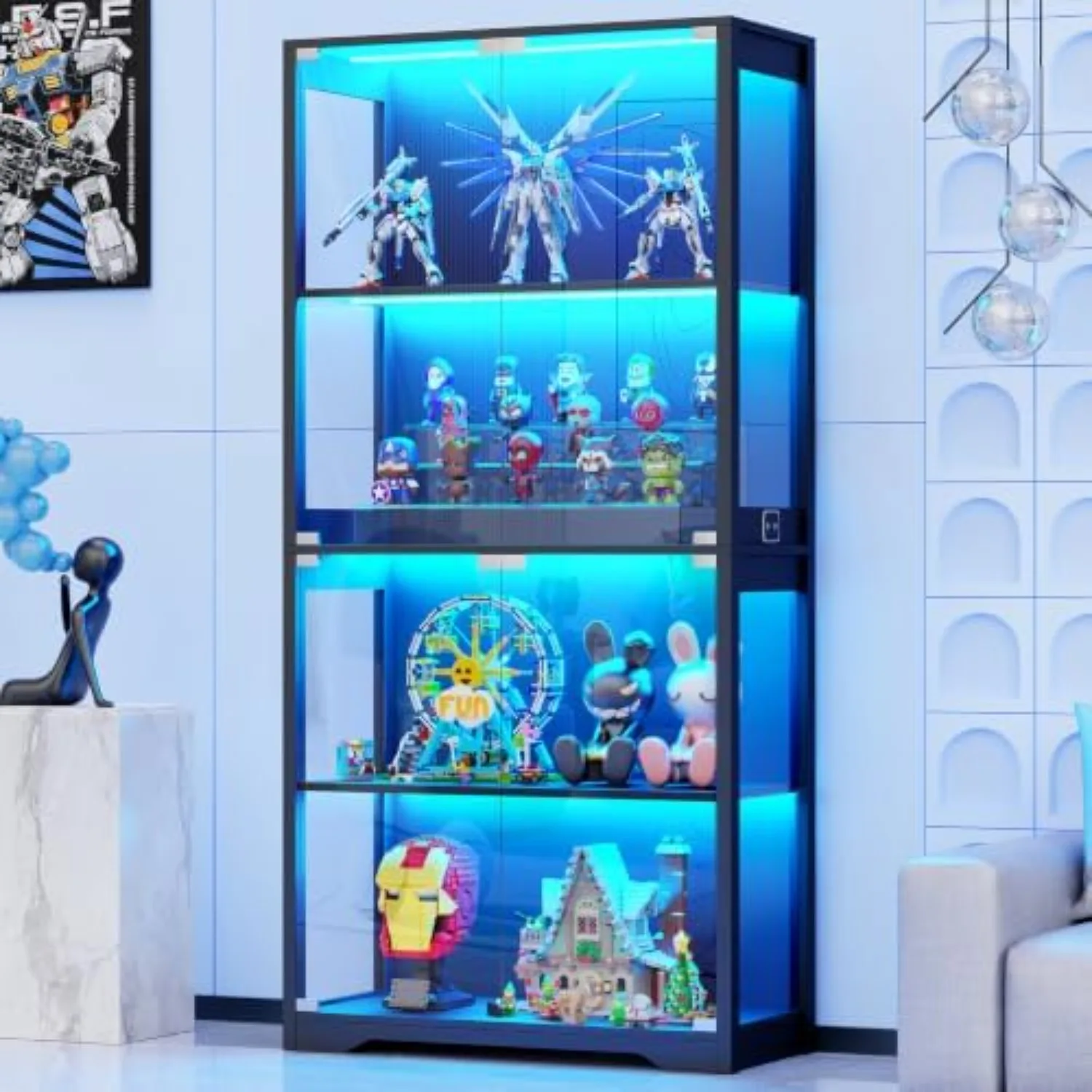 Display Cabinet with Glass Doors, 4-Tier Display Case, Black | Curio Cabinet with 3 Color Lights for Collectibles
