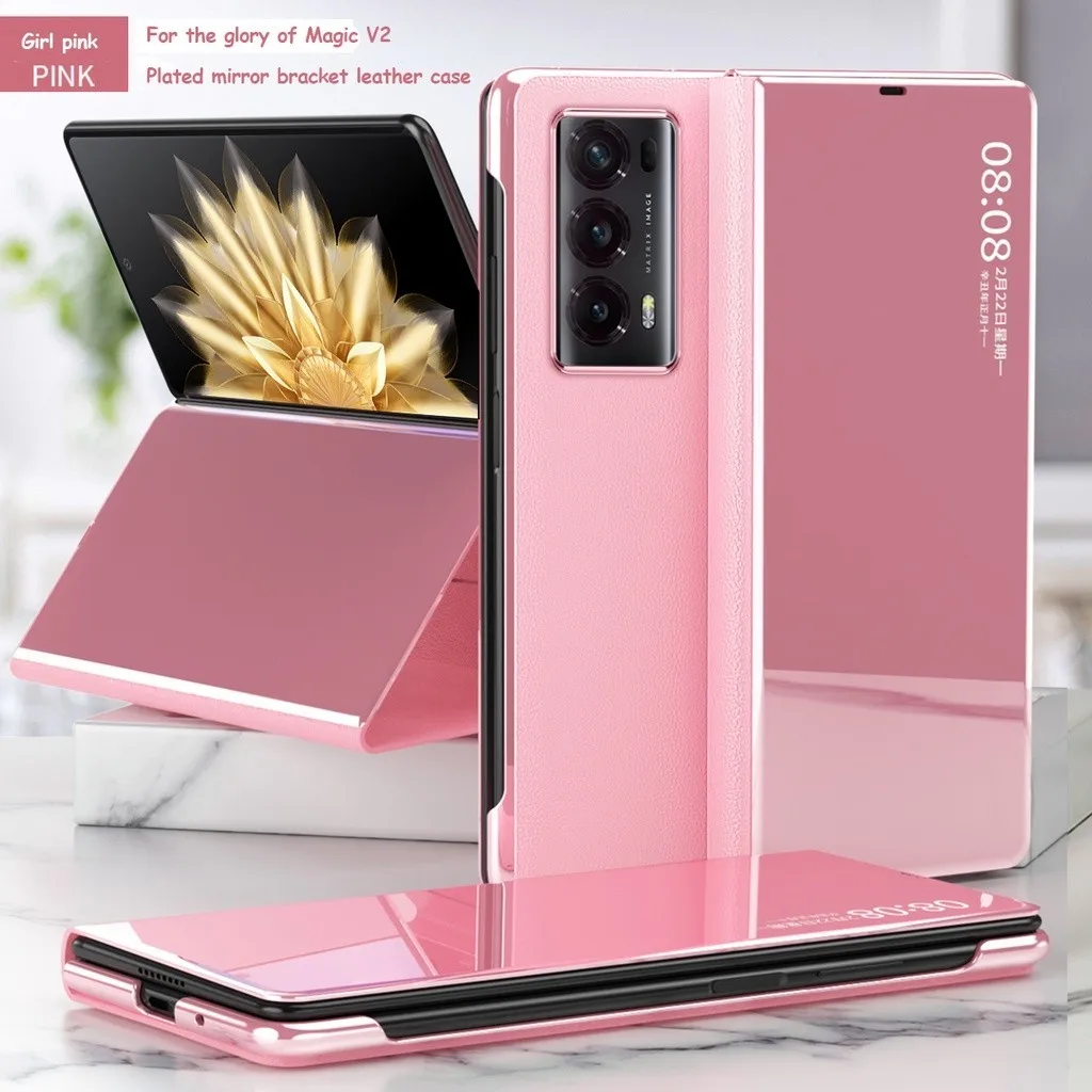 Funda inteligente de lujo para Honor Magic V2, funda de soporte con tapa inteligente de cuero galvanizado con espejo