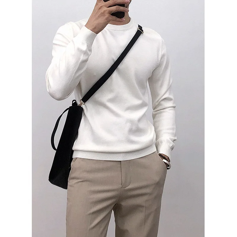 

Весенне-осенний тонкий круглый вязаный свитер, мужской корейский облегающий свитер, повседневный дышащий однотонный топ