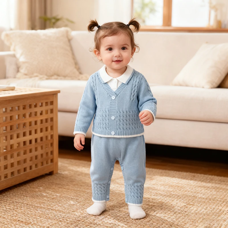 

New Autumn Winter Infant Baby Girls Knit Jumpsuit 0-24M Toddler Baby Girl Knit Romper Children False Two-piece Knitted Clothes