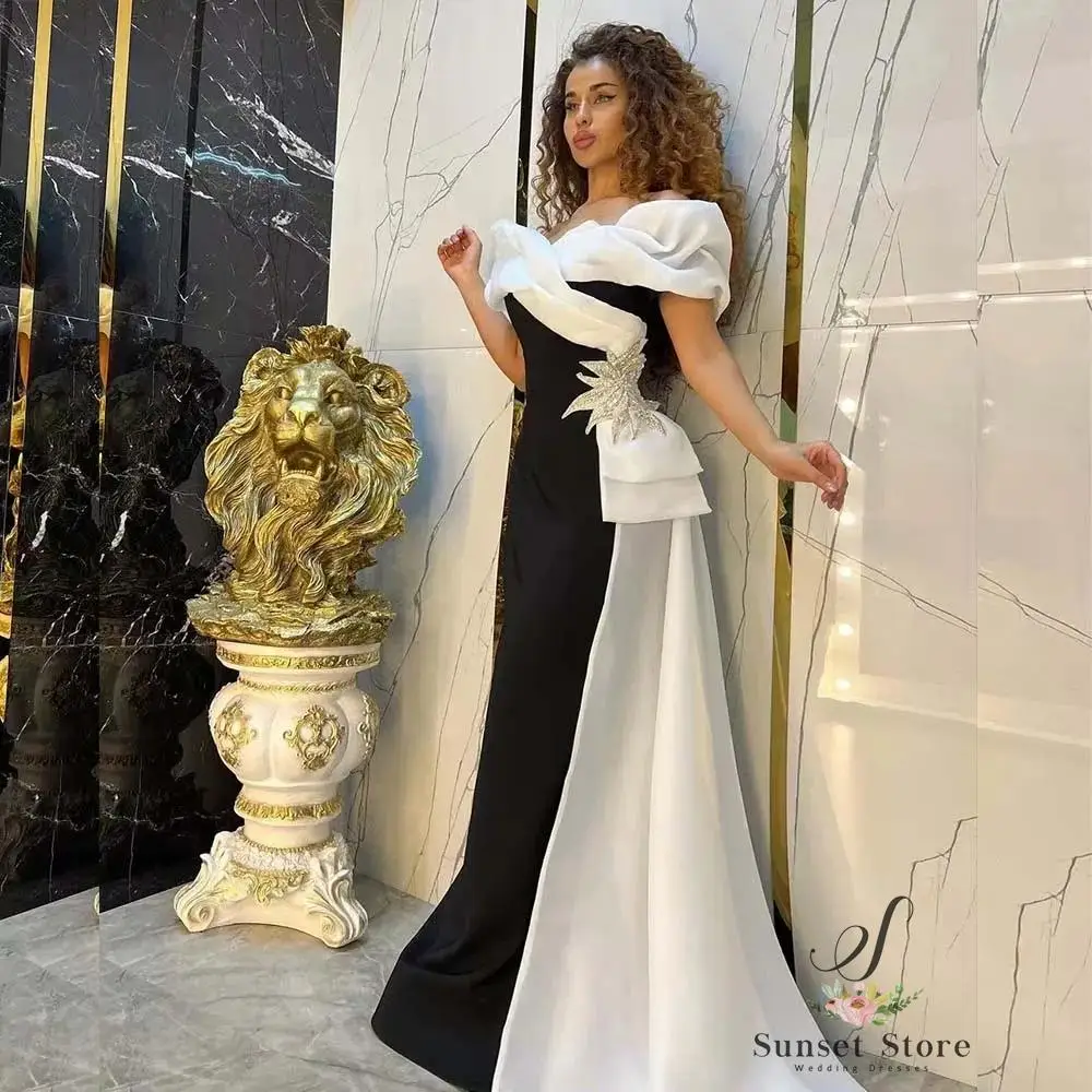 Customized   White and Black Evening Dresses Off the Shoulder Appliques Pleat Formal Guest Long Dress Special Event Chapel Train