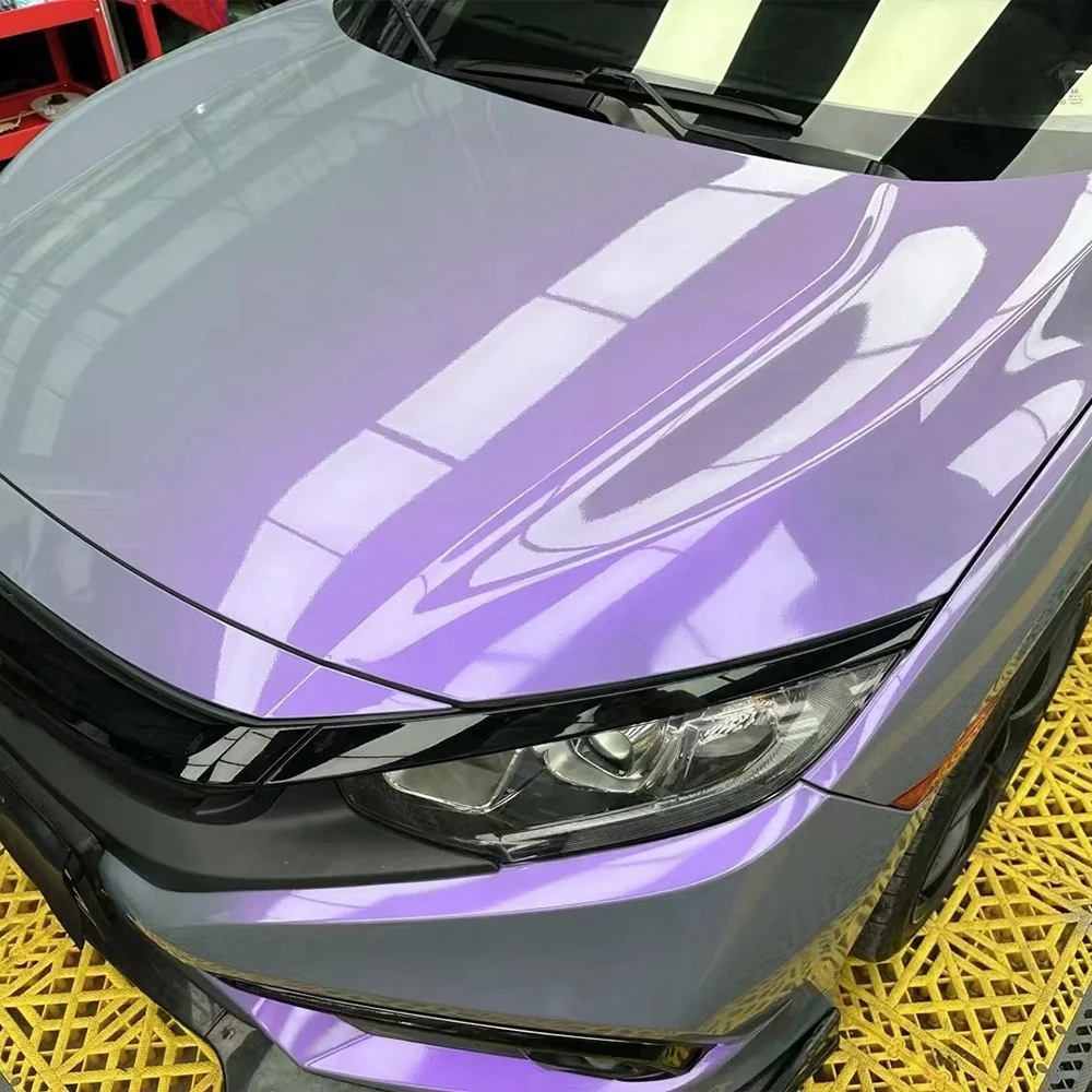 Vinilo Adhesivo para Envoltura de Autos en Gris Platino y Morado, Película para Cambio de Color, Adhesivos sin Burbujas, Calcomanías de Vinilo, Accesorios