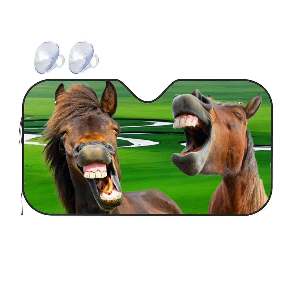 Animal Horse Car Interior Front Windshield Sun Shade, Laughing Horses Print Sunshade for Truck SUV- Blocks Uv Rays Protector