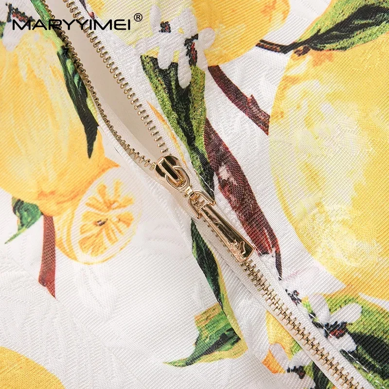 MARYYIMEI Fashion Design Summer Elegant Jacquard Short Dress Women's Sleeveless Gorgeous Beading Lemon Print Vintage Mini Dress