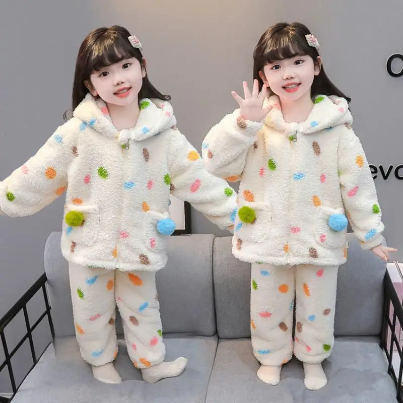 

Autumn Winter Girls' Coral Fleece Pajama Set Comfortable Loungewear Polka Dot Hooded Homewear Kids Clothing Pj Set New Fashion