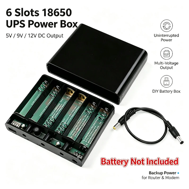 6x18650 DC Uninterruptible Power Supply Box, DIY Portable Power Bank Kit for Optical Modems and Routers, 5V, 9V, 12V, Peak 60W