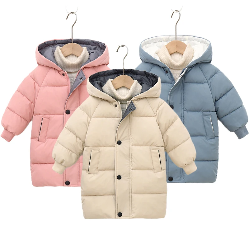 New 2-10Y Winter Long Style Girls Boys Jacket Outdoor Wear Thick Keep Warm Hooded Coat For Kids Children Cotton Padded Outerwear