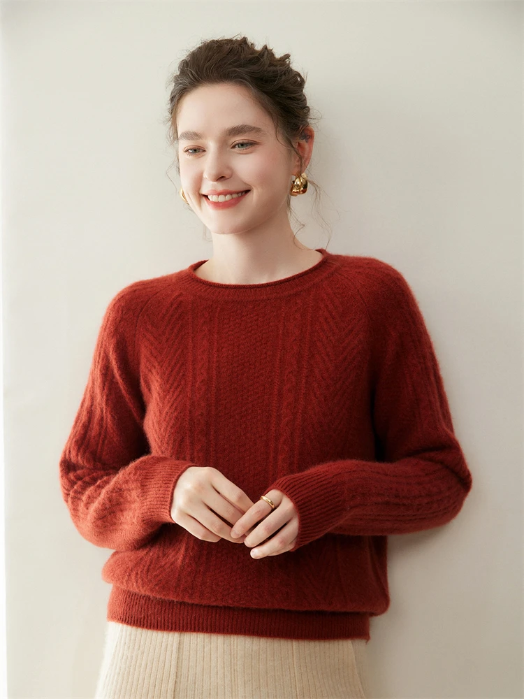 Jersey con cuello redondo y punto de Cable para mujer, suéter de punto de Cachemira de 100% grueso, cálido y suave, ropa elegante, Otoño e Invierno