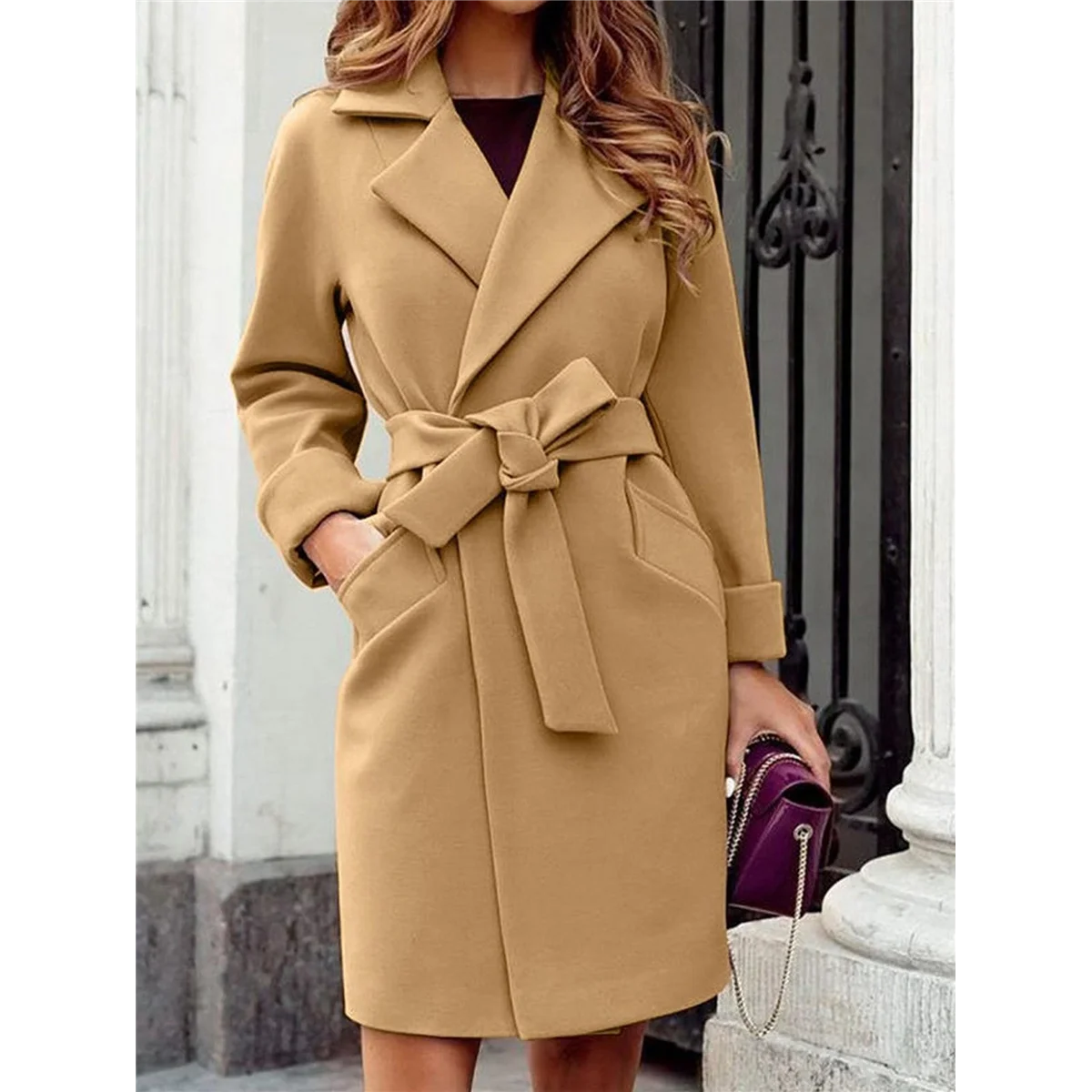 ABCA-معطف نسائي طويل خندق أنيق طية صدر السترة معطف كاجوال للخريف والشتاء مع حزام
