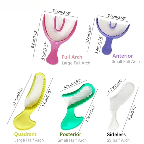 Imagen 1 del producto 100/200 unidades de bandejas de impresión dental de triple registro con malla, desechables, de plástico, para guardar dientes, media arco