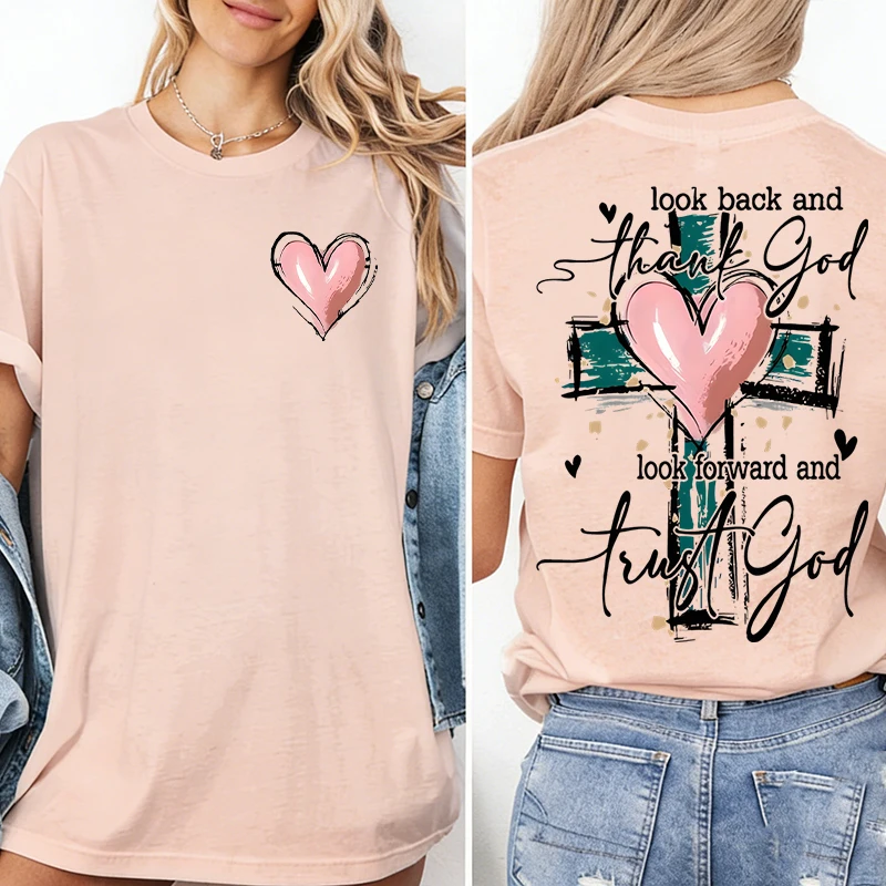 

Women's Christian Inspirational Graphic Print T-Shirt Vintage Jesus Short Sleeve Crew Neck Top with Cross & Heart Design Tops
