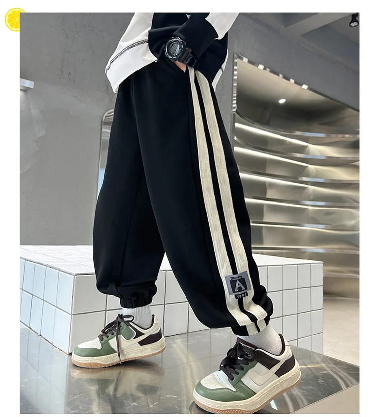 Koreanische Frühlings- und Herbstkleidung für Kinder, Jungen-Sporthose mit Seitenstreifen, Jogginghose für Teenager, Baumwollhose, Alter 5 bis 14 Jahre – Detail 7