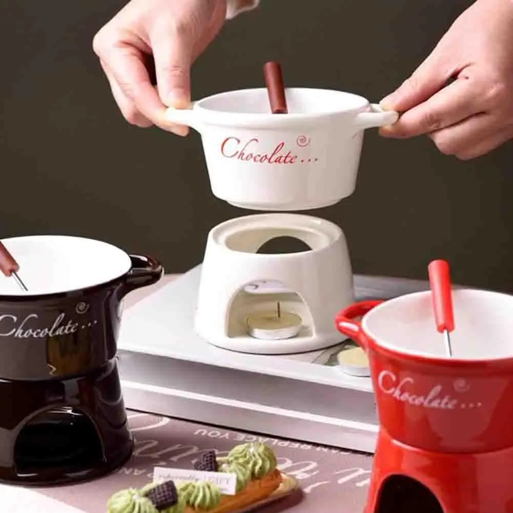 

130ML Ceramics Chocolate Fondue Mug Set Melting Mini Cheese Pot With Fork Tealight Candle Fondue Pot For Milk Cheese Butter