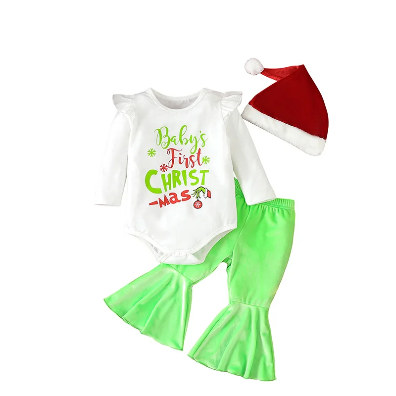 

New Born Infant Baby Girls Christmas Grinch Long Sleeve Romper Letter Printing Bodysuit Flared Pants Hat Outfits