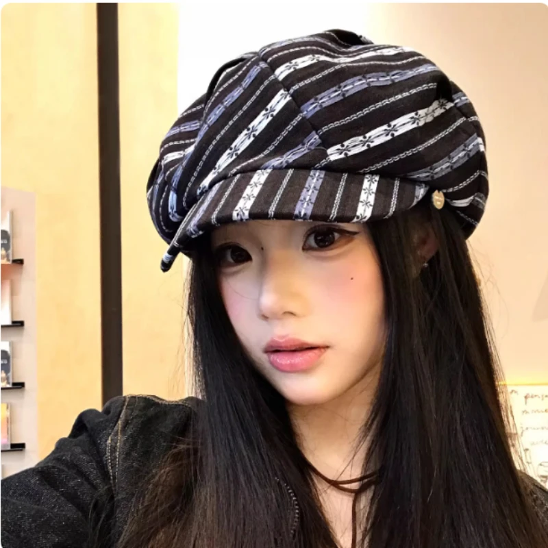 

Корейская версия нишевых модных полосатых беретов нестандартной формы для женщин: универсальные повседневные кепки-газетчики в этническом стиле для весны и осени