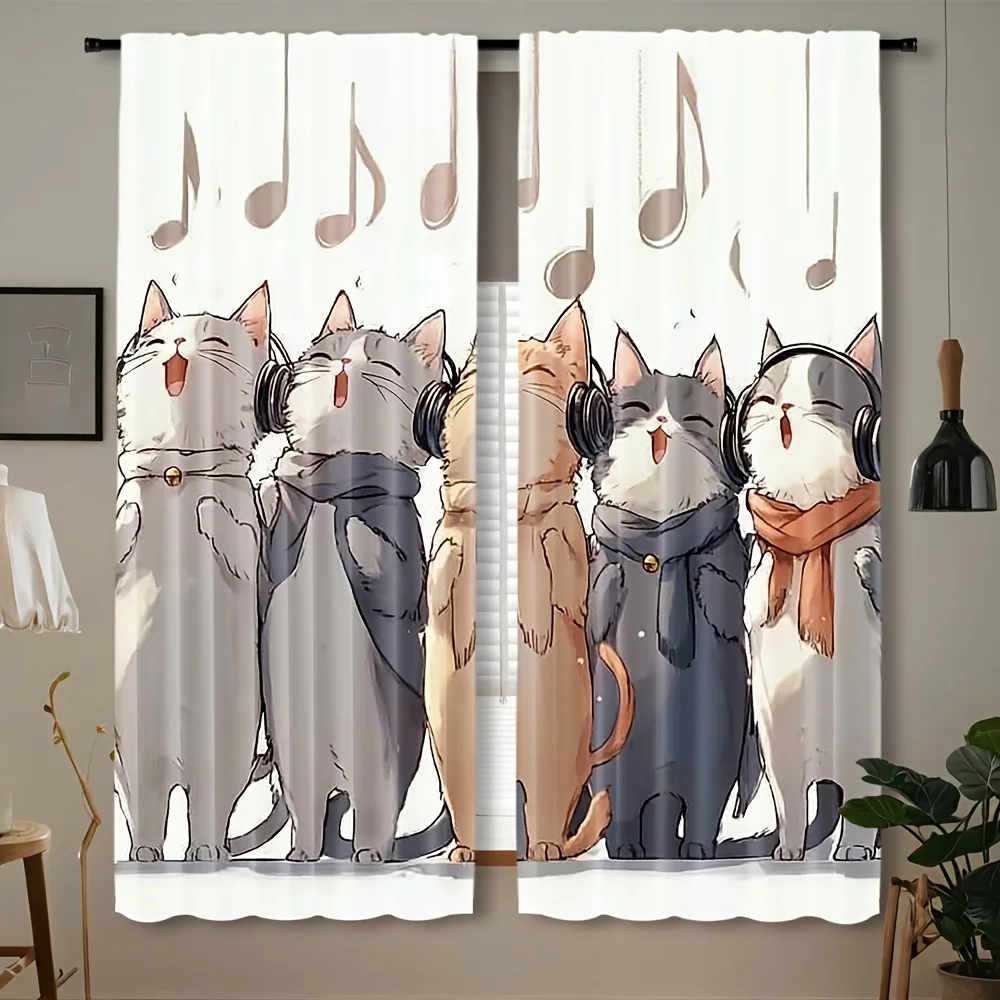 Cute Singing Cat Choir Print Curtains, Cartoon Music Note Pattern Blackout Drapes for Living Room, Kawaii Pet Home Decor Window