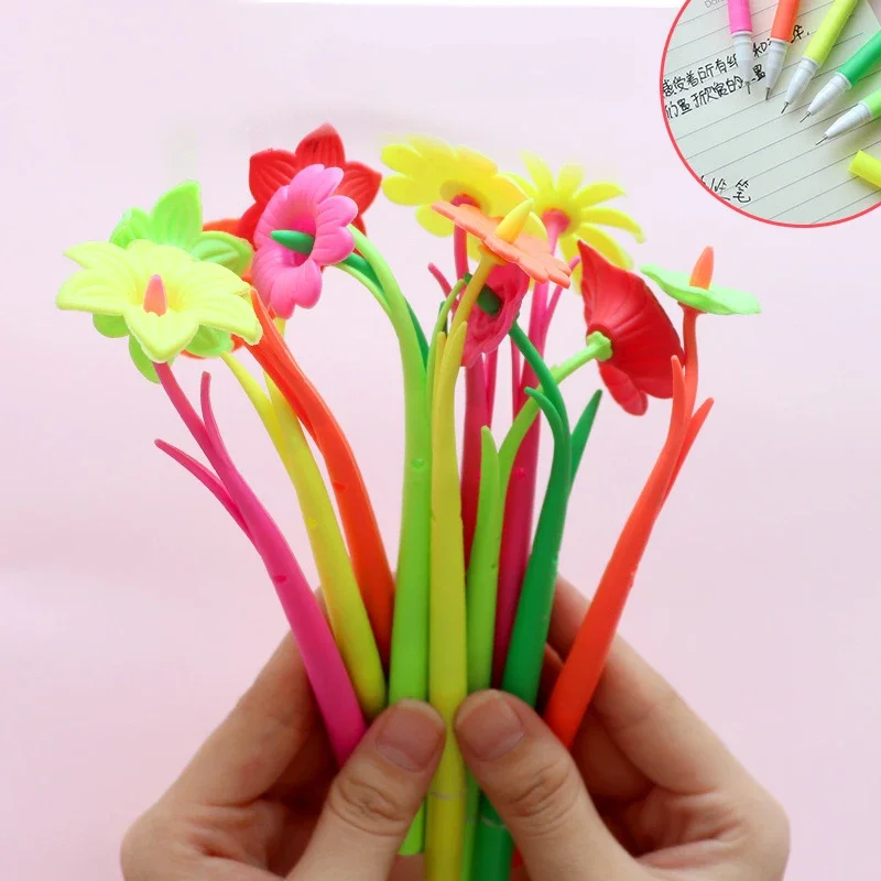 5pcs New Creative Cute Simulation Plant Flower Soft Silicone Gel Pen 0.5mm Refill School Office Stationery (Random Color)