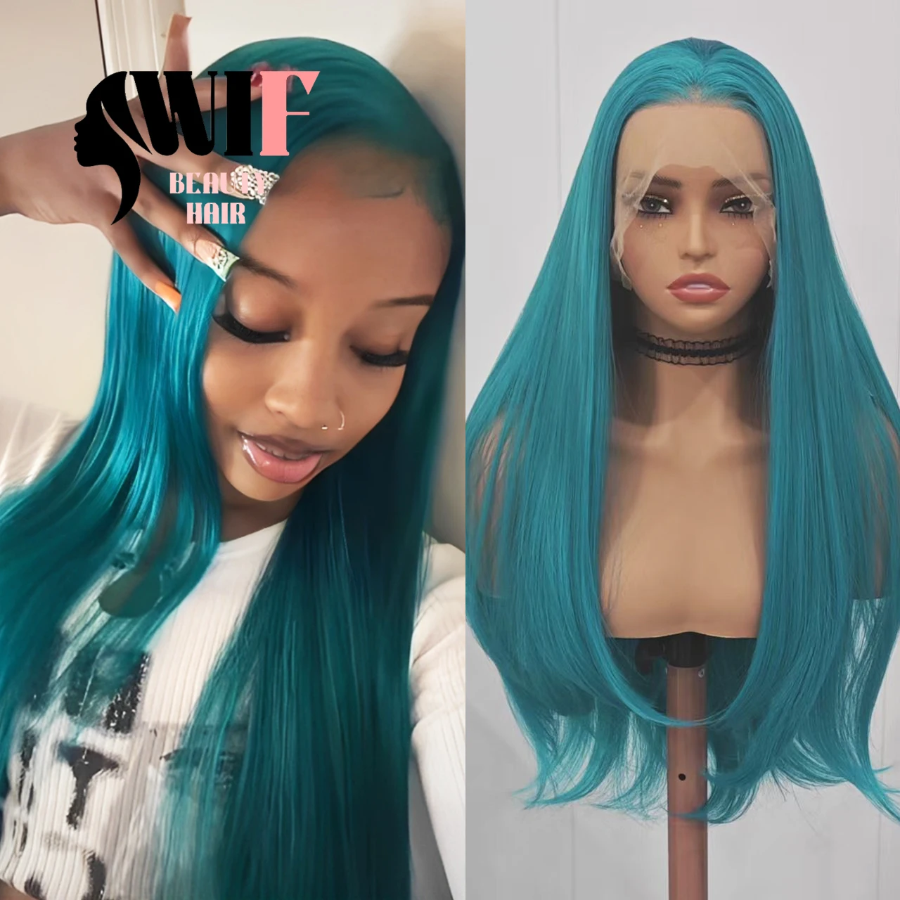 

WIF Lake Blue Синтетические волосы Натуральные волны Синие волосы Парики фронта шнурка Термостойкие зеленые синие волосы для косплея с натуральной линией волос
