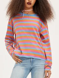 Women's Striped Oversized Sweatshirt Casual Long Sleeve Crew Neck Pullover Top Color Block Shirt Y2k Hoodies Clothes