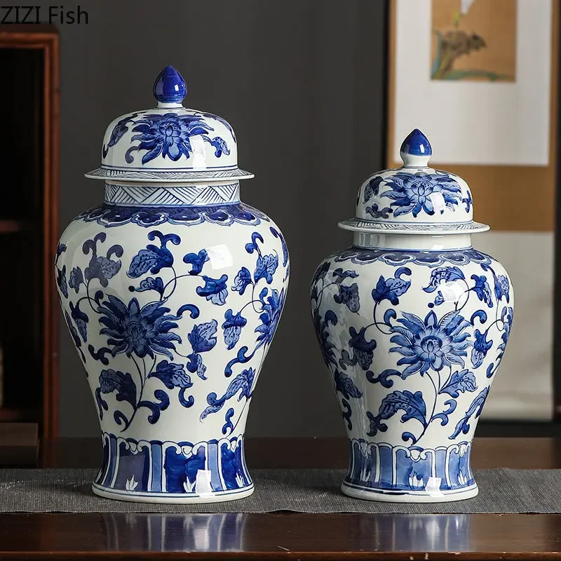 

Blue and White Porcelain General Jar Tea Canister Candy Pots Flower and Bird Decorative Ginger Jar Desk Decoration Flower Vase