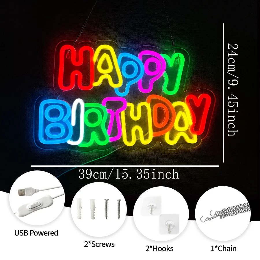 Happy Birthday neon sign LED neon light for Birthday Party Decoration Baptism Bar Restaurant bedroom wall decoration lights，USB