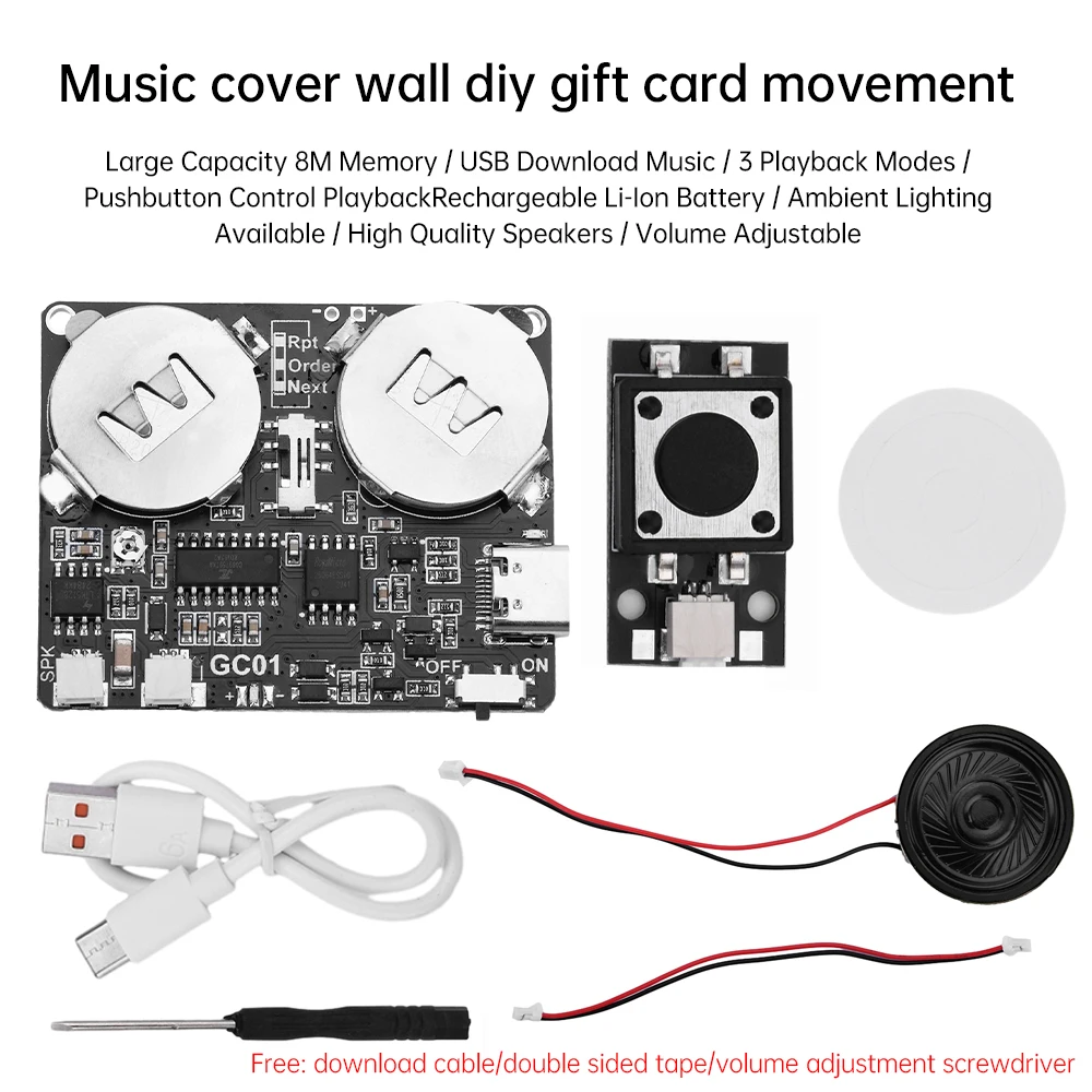 Modulo biglietto di auguri musicale fai-da-te modulo di riproduzione Audio MP3 con altoparlante memoria 8M con interruttore a chiave TYPE-C