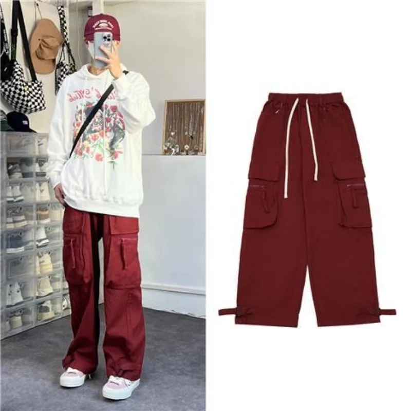 

Retro Overalls Men's Autumn Big Zipper Pockets Pants Casual Straight Wide Leg Trousers Loose Solid Color Drawstring Pants