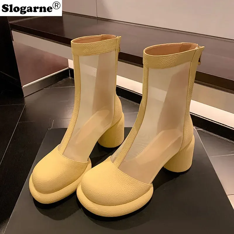 Fashion Sandals Women\'s 2024 Summer New Mesh Cool Boots Women High Top Sandals European American Hollow Boots Heels Girls\' Pumps