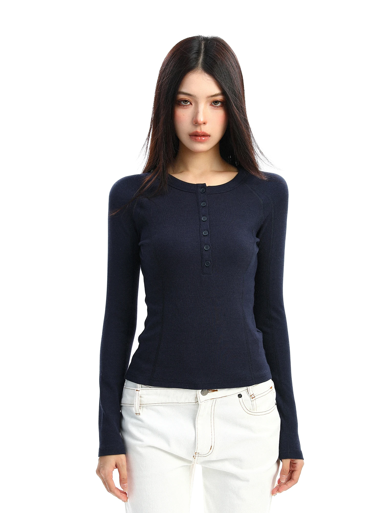 

Женская приталенная футболка с длинным рукавом, осенняя, с высокой талией, тонкая, базовая, модная, с воротником хенли, повседневная