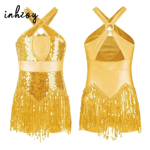Body de leotardo latino con borlas y lentejuelas brillantes para niñas, vestido de baile para Jazz, Tap, Salsa, Rumba, Samba, Cha-Cha, trajes de actuación