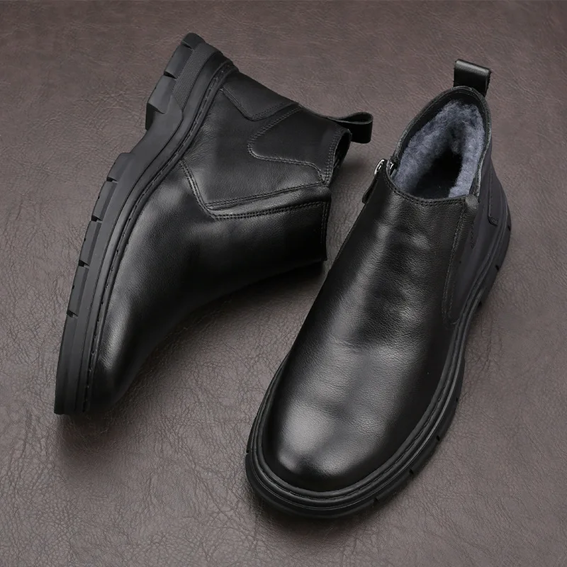 High Quality Winter Wool One-piece Velvet Leather Boots High Top Leather Shoes with Zipper Grey Velvet Lining Boots for Warmth