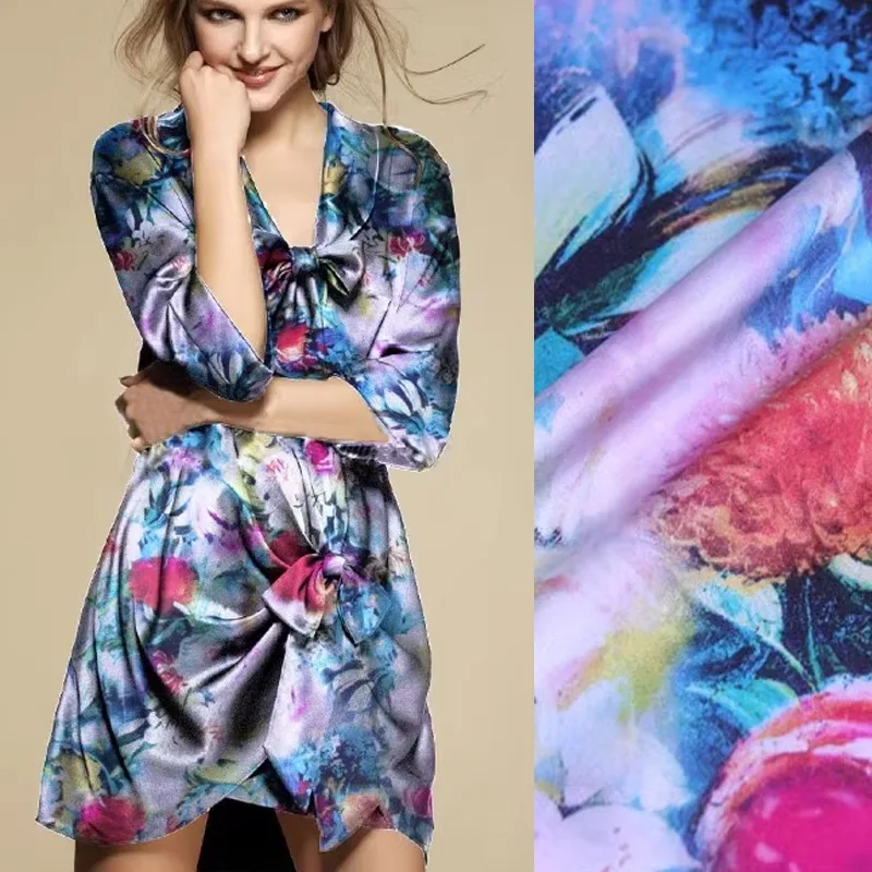 

105cm Wide 16.5mm 105cm 95% Silk & 5% Lycra Blue Print Elastic Silk Satin Fabric For Dress Shirt Clothes Pants Pajamas R1673