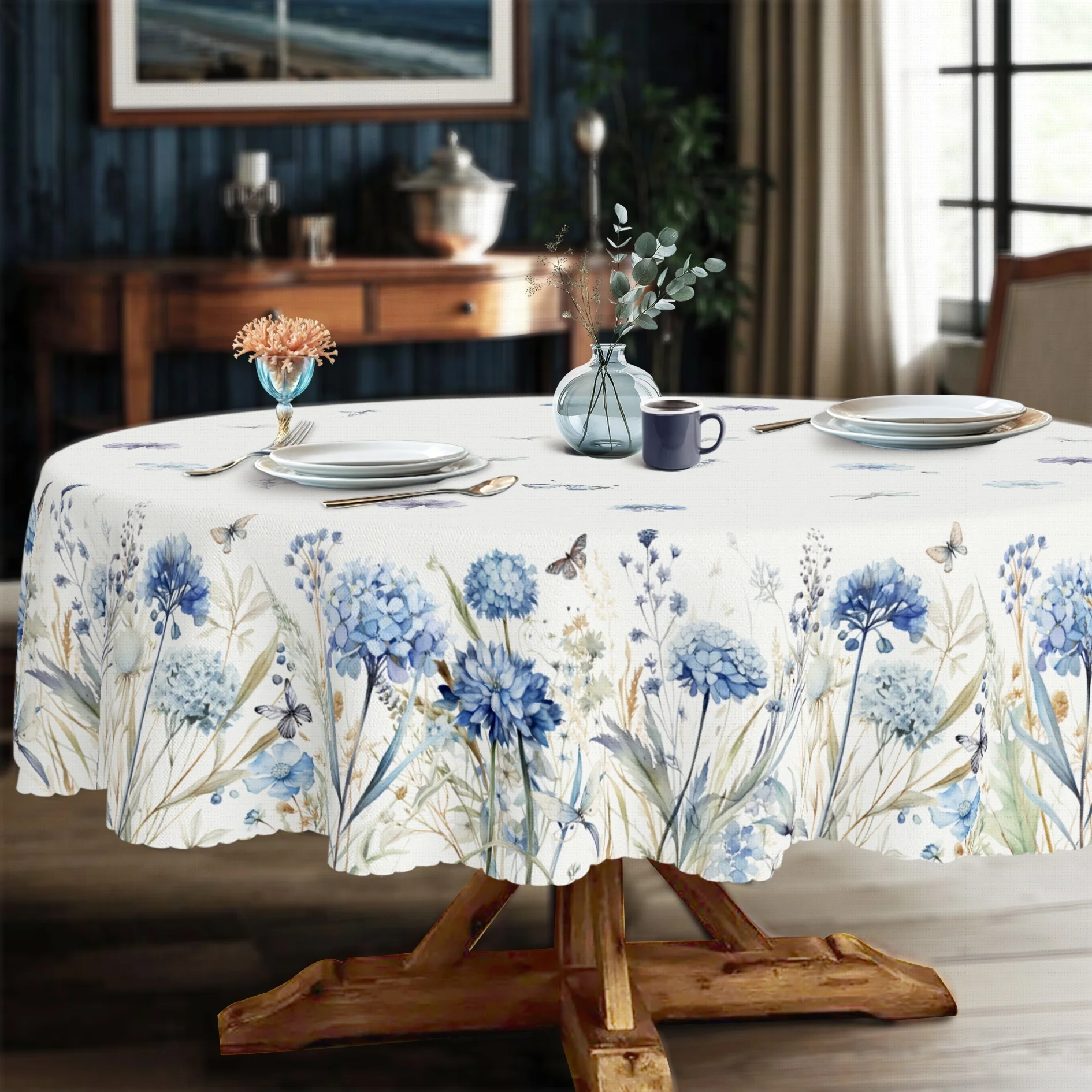 Floral tablecloth, with a vintage hydrangea butterfly leaf floral design, perfect for spring.